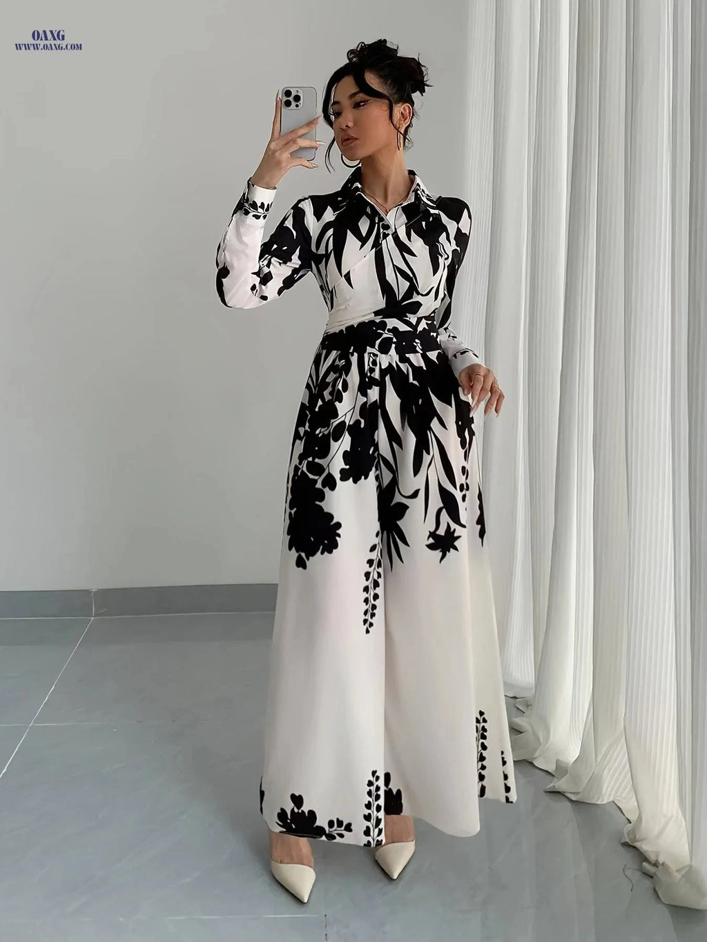 Elegant Women's Leaf Print Jumpsuit - Long Sleeve, Tie Waist Design   OAXG 【Multicolor】 / S