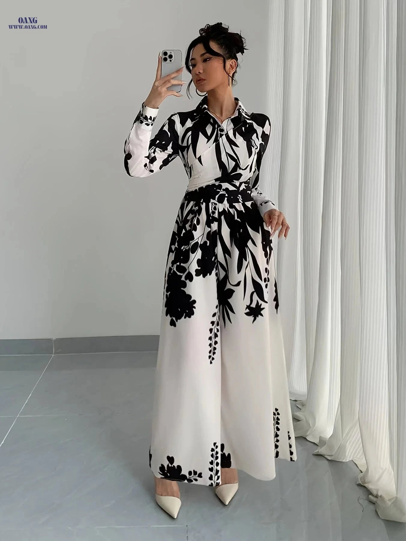 Elegant Women's Leaf Print Jumpsuit - Long Sleeve, Tie Waist Design   OAXG 【Multicolor】 / S