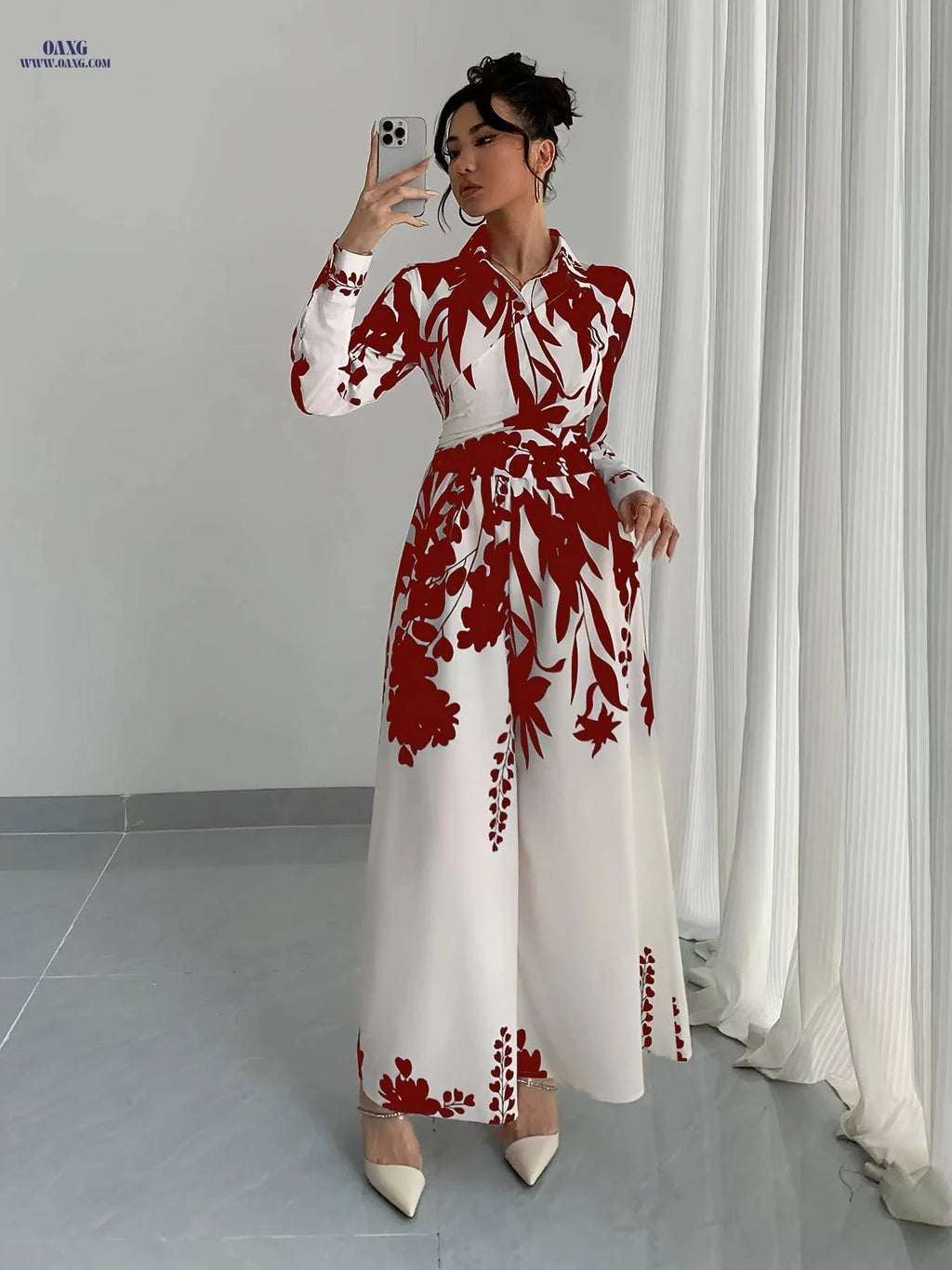 Elegant Women's Leaf Print Jumpsuit - Long Sleeve, Tie Waist Design   OAXG 【Multicolor】 / S