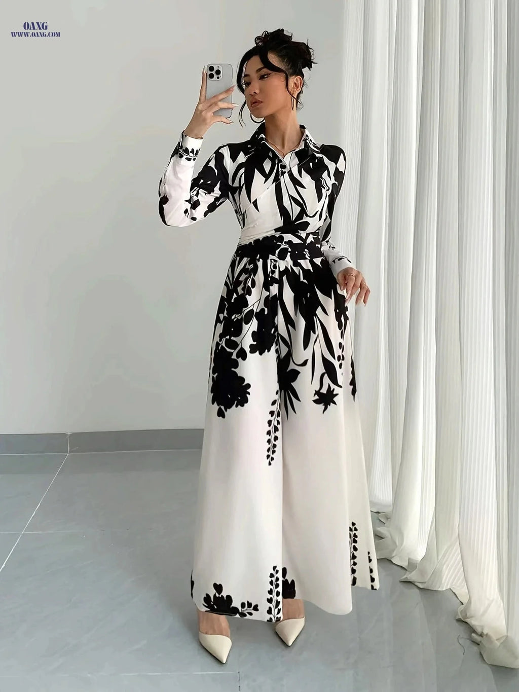 Elegant Women's Leaf Print Jumpsuit - Long Sleeve, Tie Waist Design   OAXG 【Multicolor】 / S