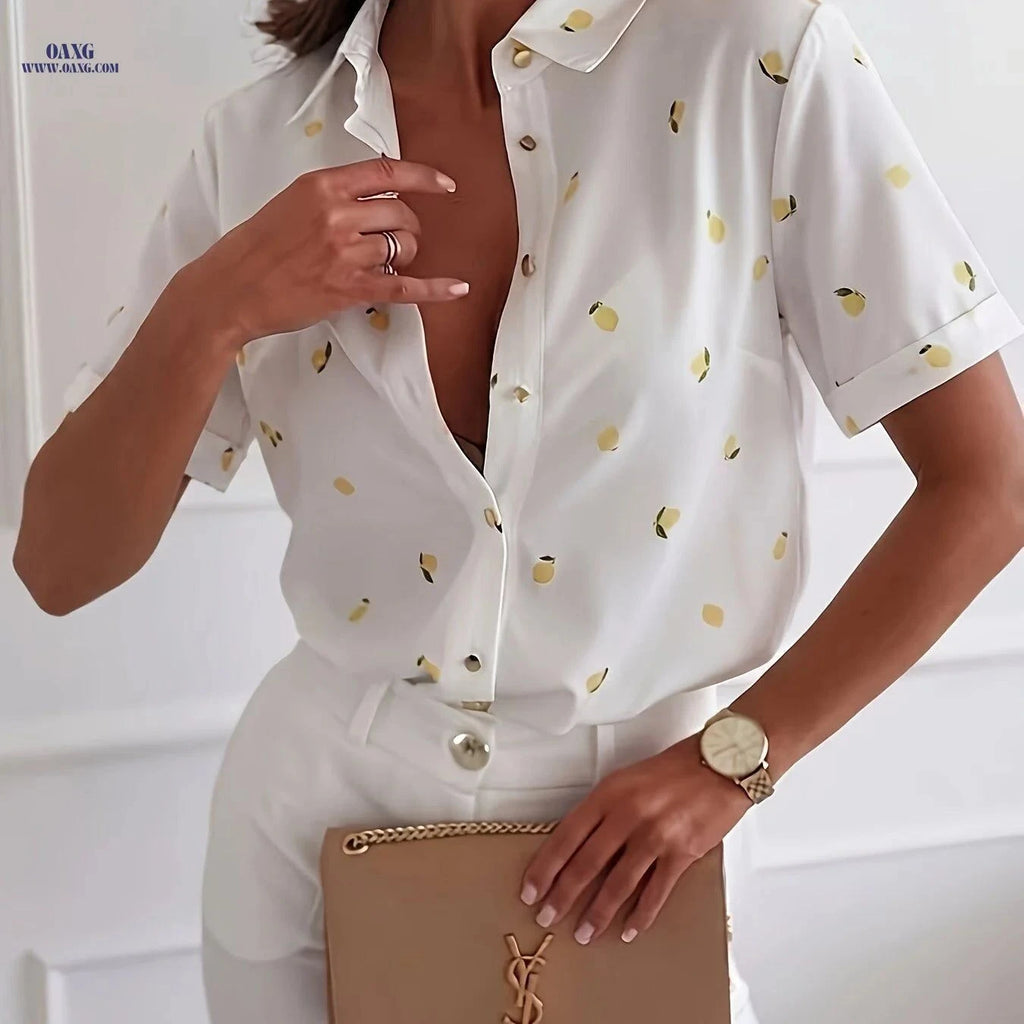 Elegant Women's Lemon Print Blouse - Short Sleeve Office Top   OAXG Mixed colors / S