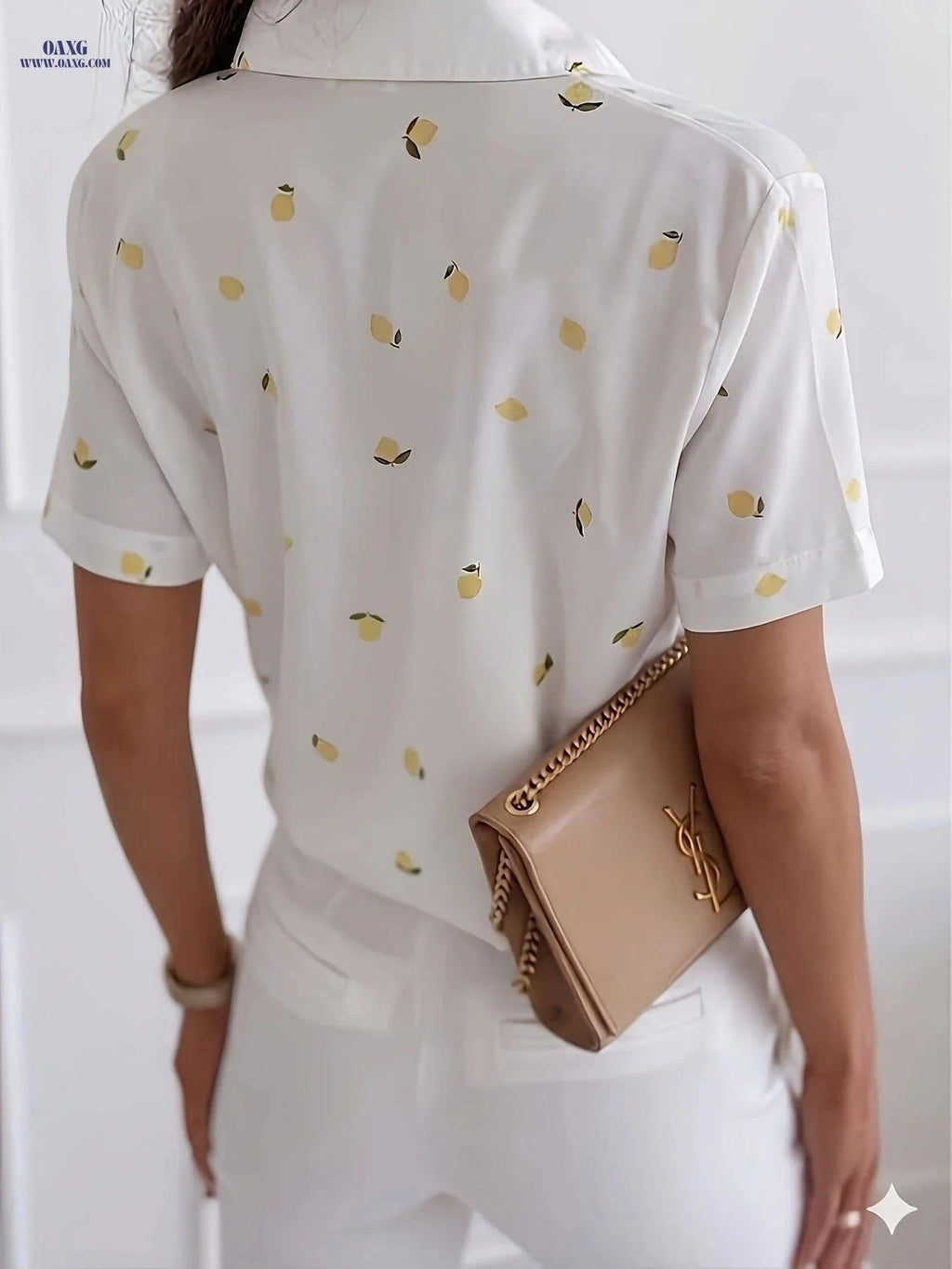 Elegant Women's Lemon Print Blouse - Short Sleeve Office Top   OAXG Mixed colors / S