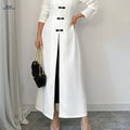 Elegant Women's Long Coat - Stand Collar & Contrasting Buttons   OAXG 