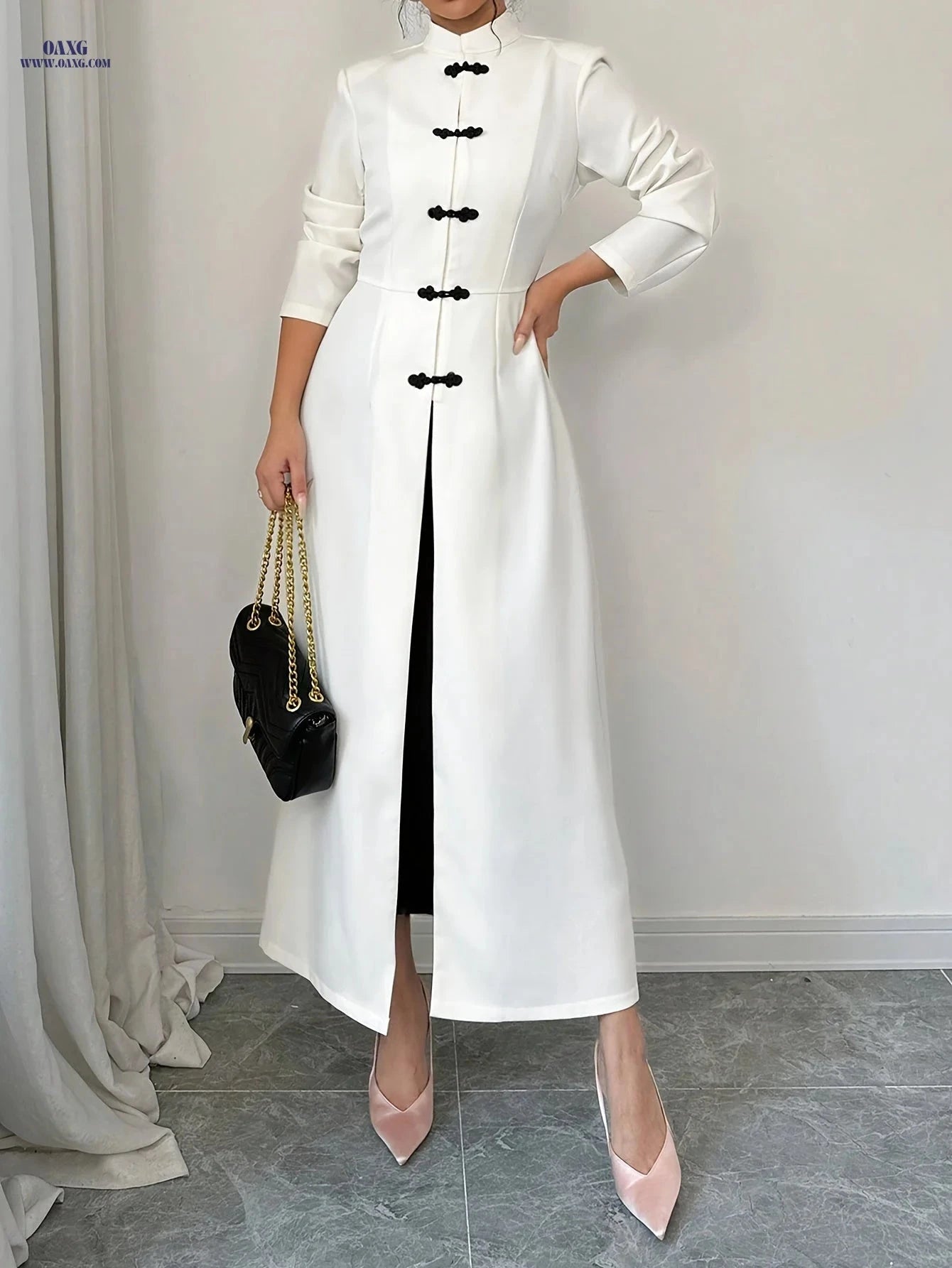 Elegant Women's Long Coat - Stand Collar & Contrasting Buttons   OAXG White / XS