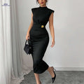 Elegant Women's Long Dress - 3D Floral Metal Decoration, Round Neck   OAXG Black / S