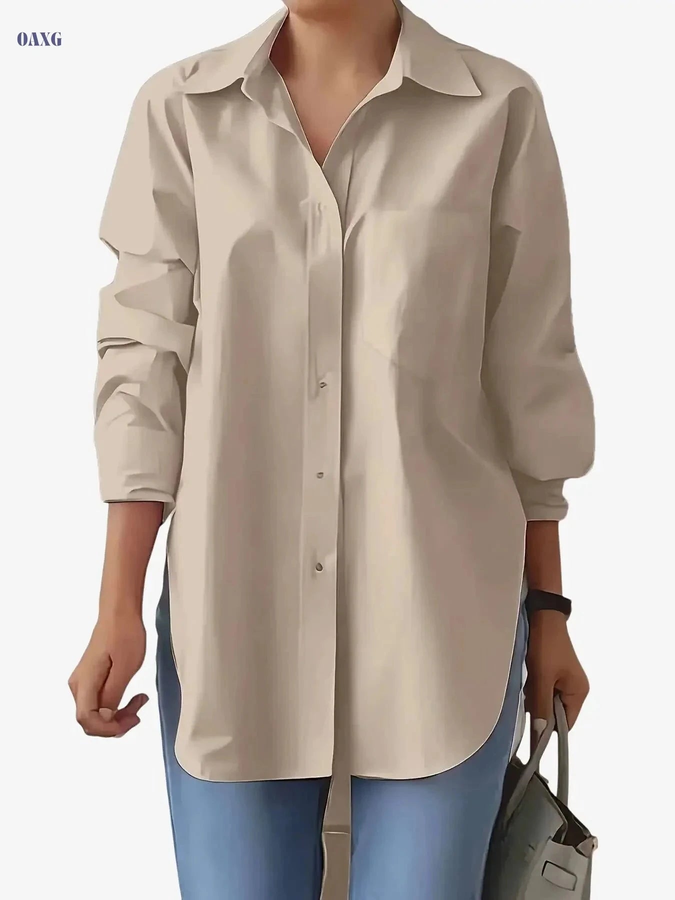 Elegant Women's Long Sleeve Button-Up Shirt - Solid Red for Spring/Summer   OAXG 