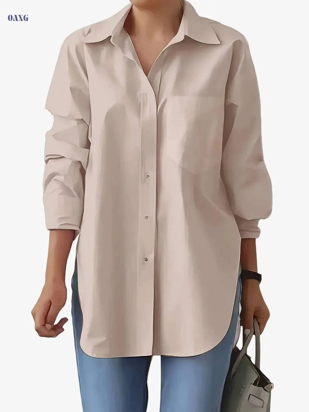 Elegant Women's Long Sleeve Button-Up Shirt - Solid Red for Spring/Summer   OAXG White / S