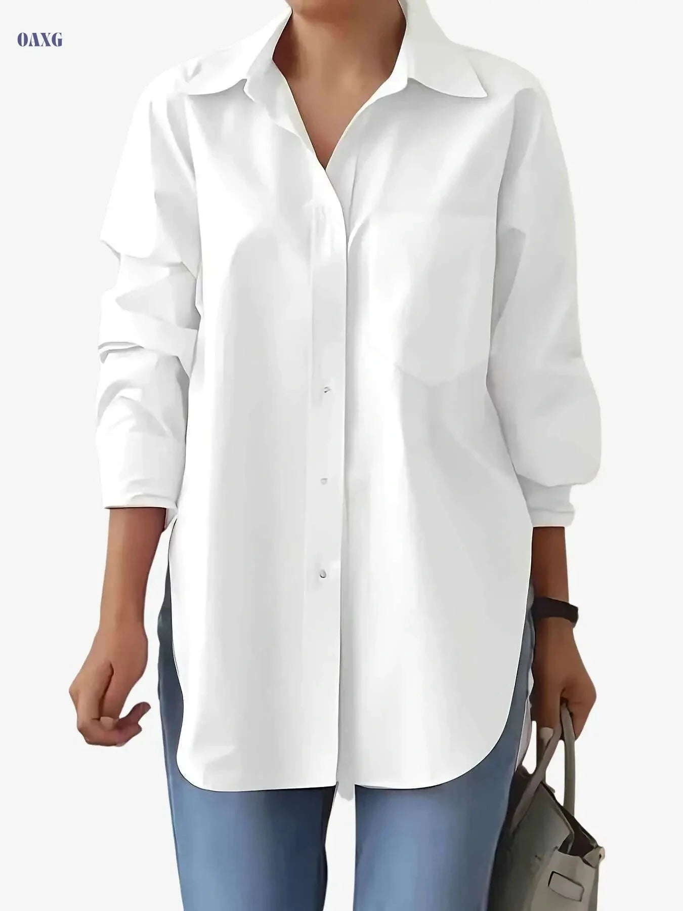 Elegant Women's Long Sleeve Button-Up Shirt - Solid Red for Spring/Summer   OAXG White / S