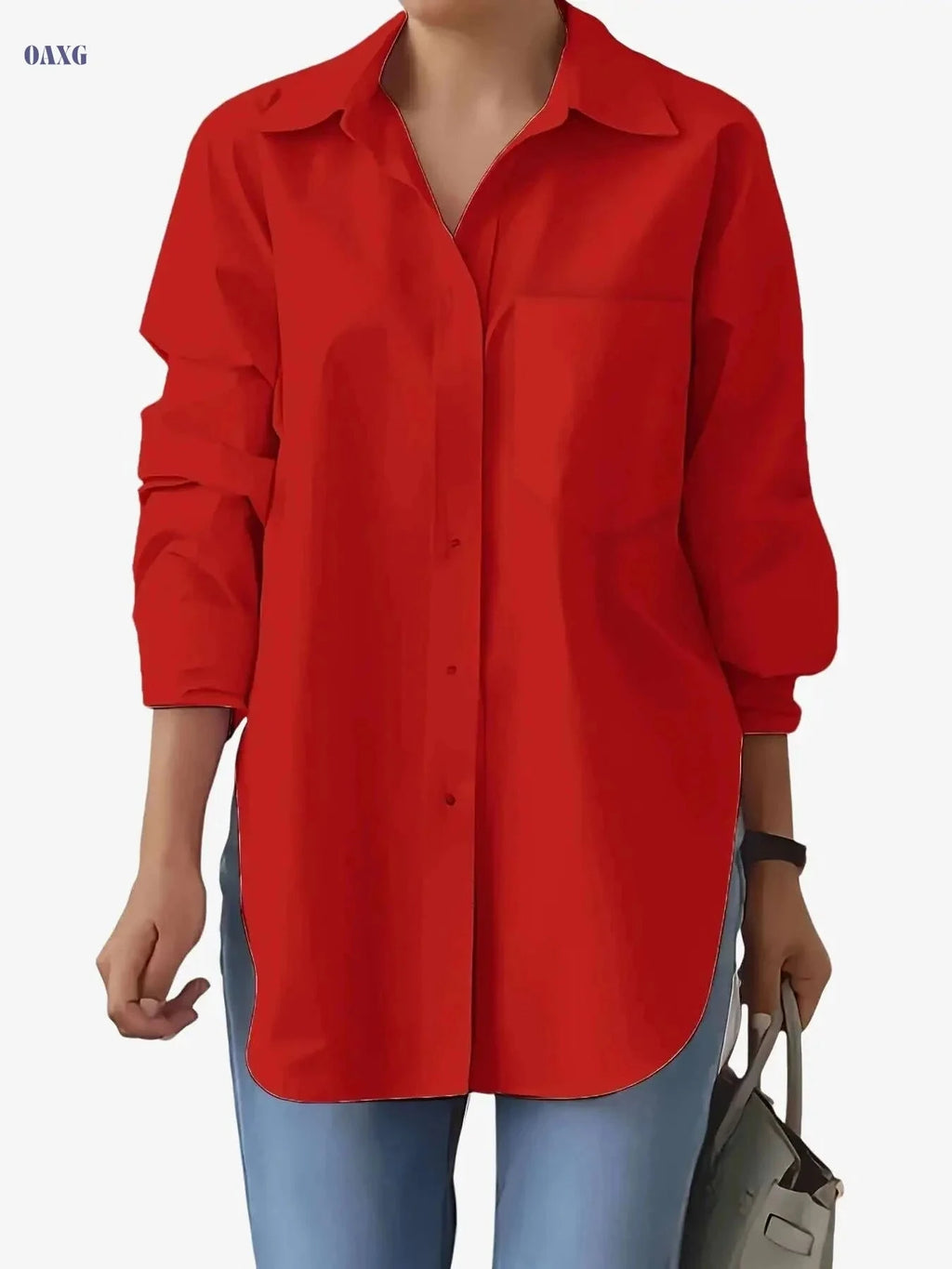 Elegant Women's Long Sleeve Button-Up Shirt - Solid Red for Spring/Summer   OAXG White / S