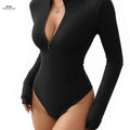 Elegant Women's Long Sleeve Jumpsuit - Deep V-Neck & Zipper   OAXG 