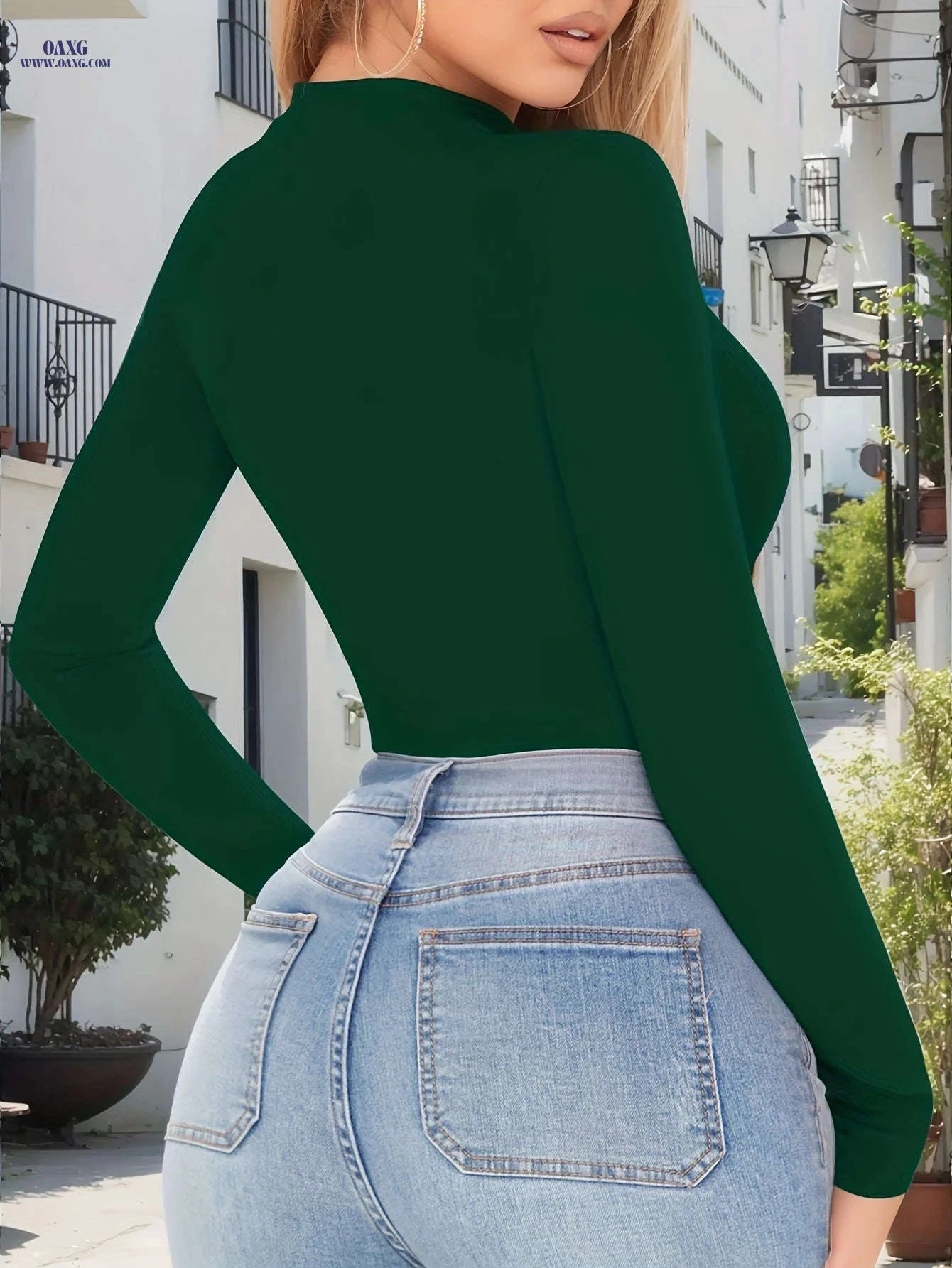 Elegant Women's Long Sleeve Jumpsuit - Deep V-Neck & Zipper   OAXG 