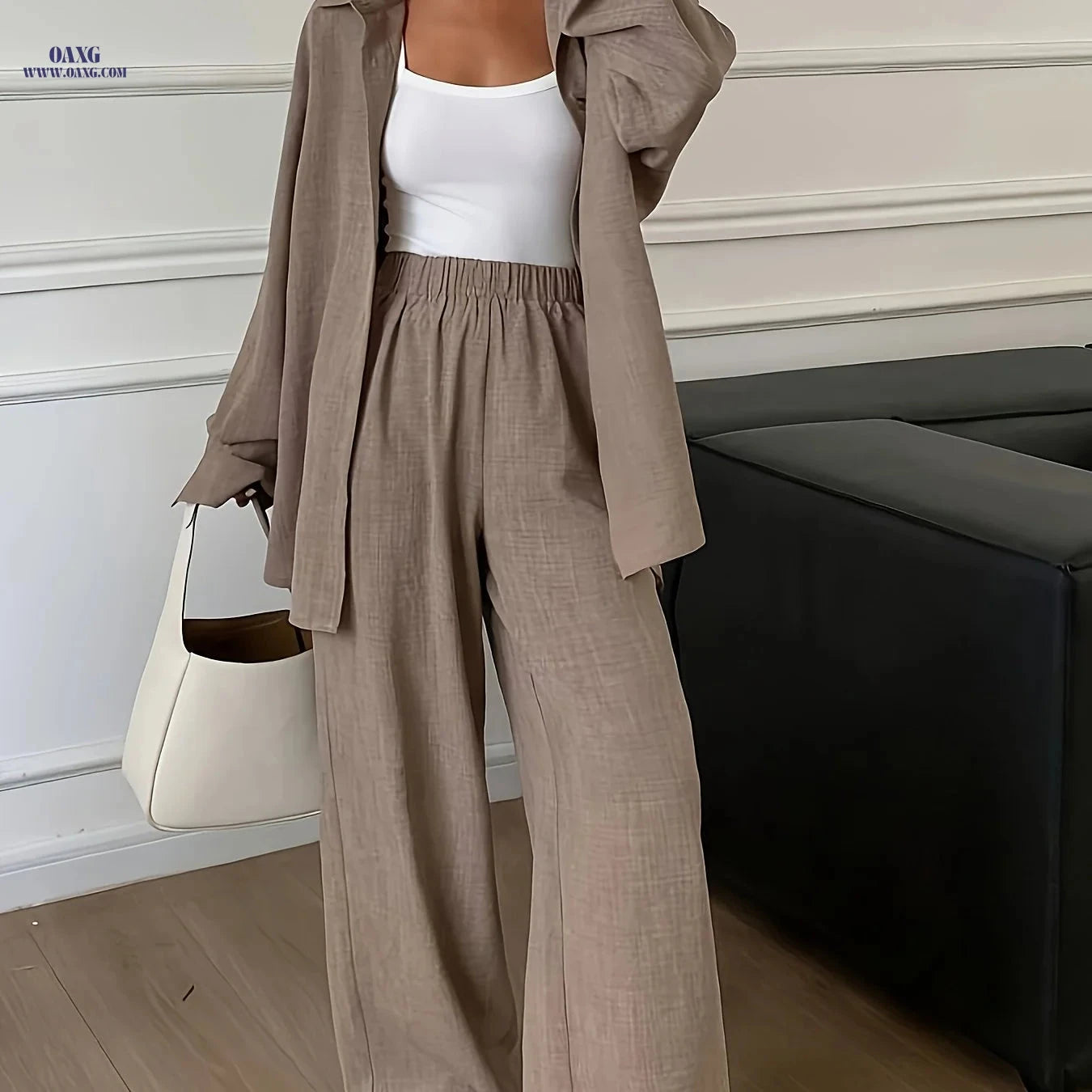 Elegant Women's Long Sleeve Shirt & Pants Set - Perfect for Spring/Fall   OAXG Khaki / S
