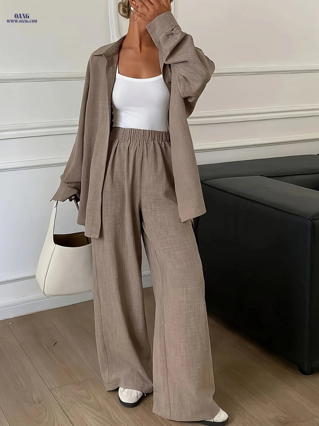 Elegant Women's Long Sleeve Shirt & Pants Set - Perfect for Spring/Fall   OAXG Khaki / S