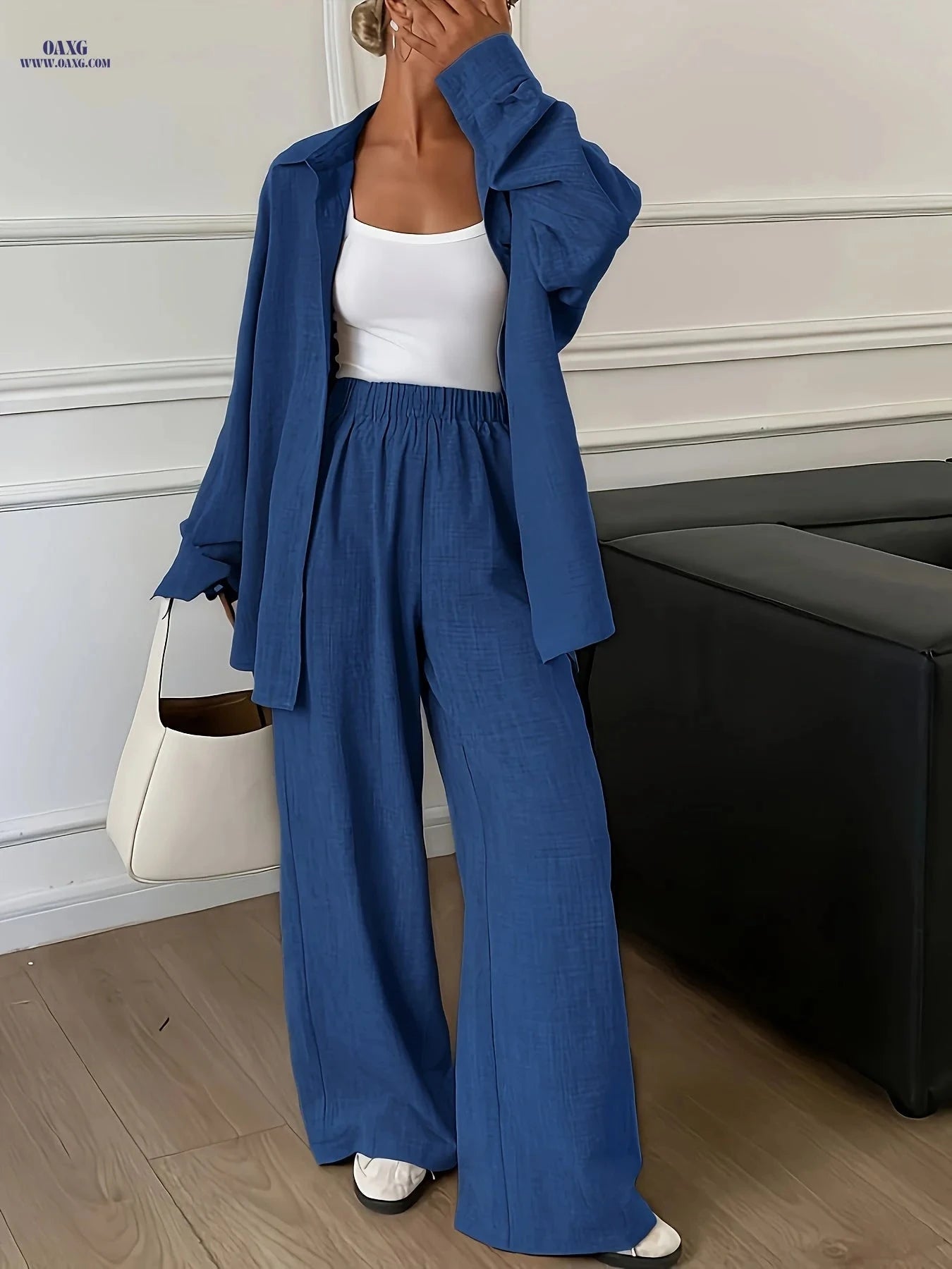 Elegant Women's Long Sleeve Shirt & Pants Set - Perfect for Spring/Fall   OAXG Khaki / S