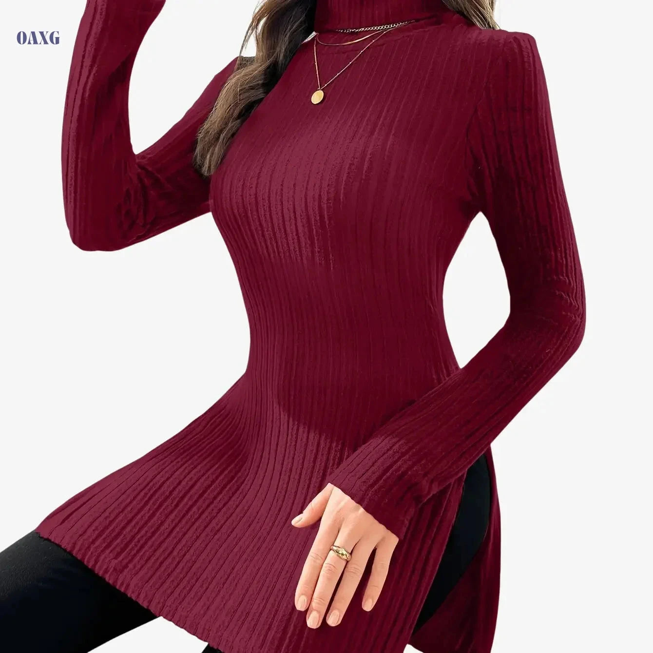 Elegant Women's Long-Sleeve T-Shirt - High Neck for Autumn/Winter   OAXG 