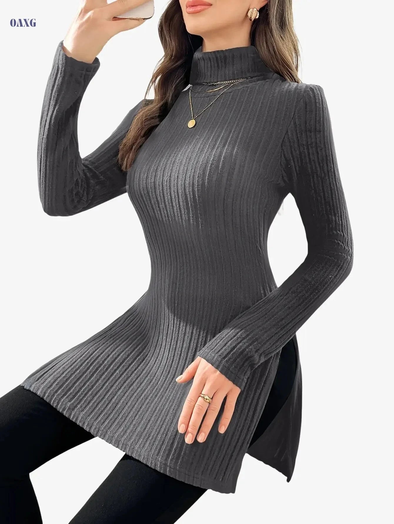 Elegant Women's Long-Sleeve T-Shirt - High Neck for Autumn/Winter   OAXG 
