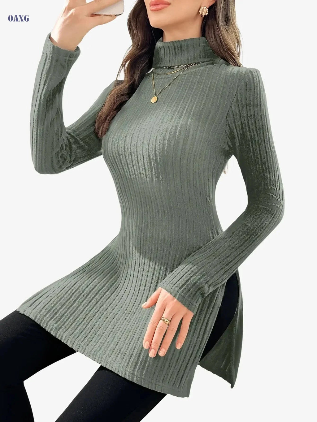 Elegant Women's Long-Sleeve T-Shirt - High Neck for Autumn/Winter   OAXG 