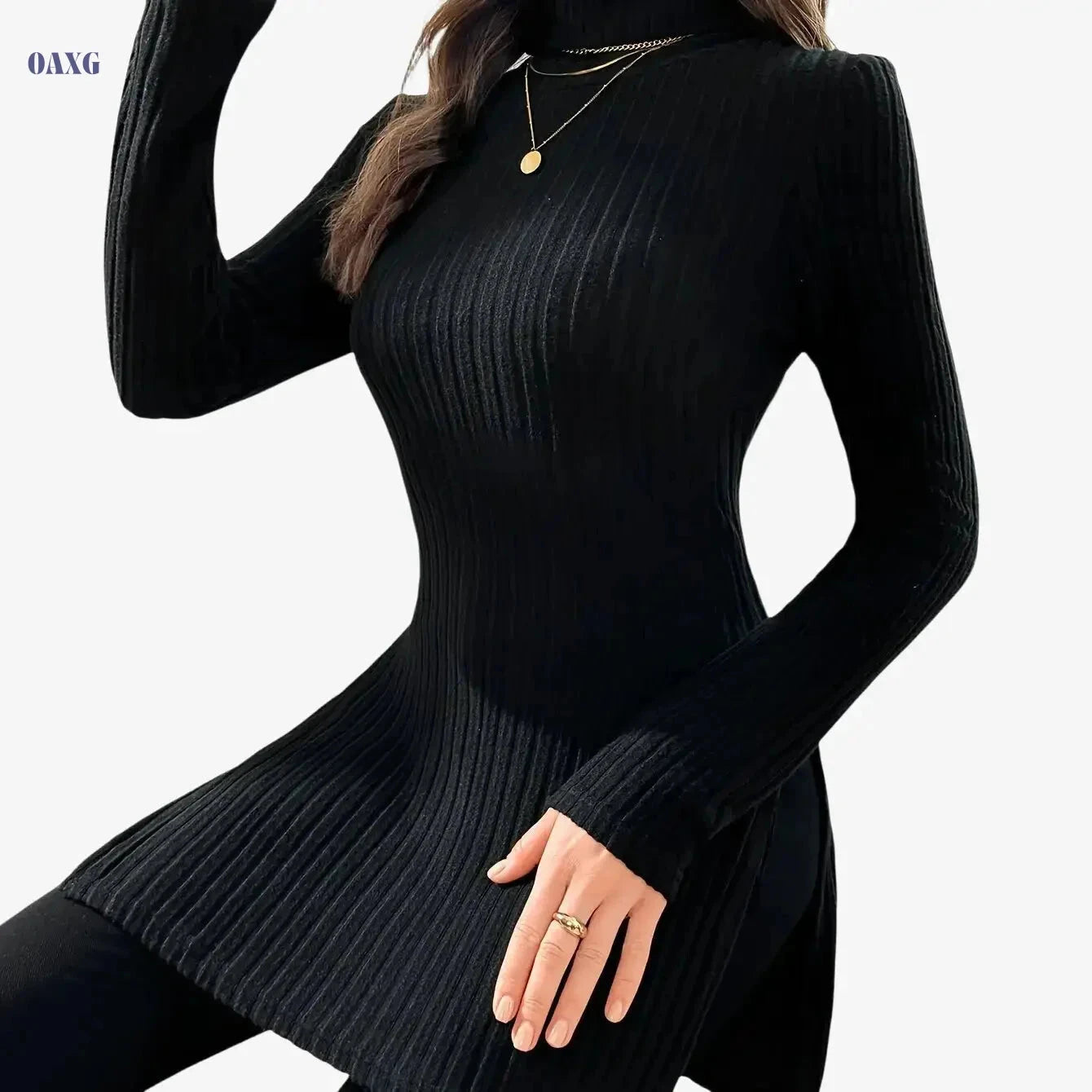 Elegant Women's Long-Sleeve T-Shirt - High Neck for Autumn/Winter   OAXG 