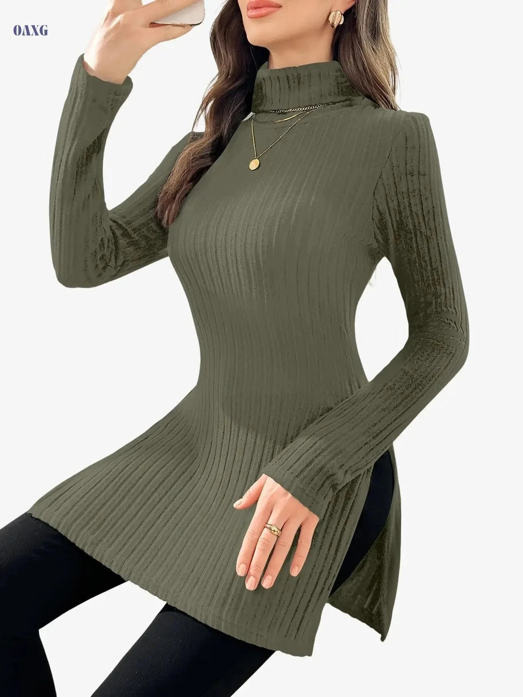 Elegant Women's Long-Sleeve T-Shirt - High Neck for Autumn/Winter   OAXG 