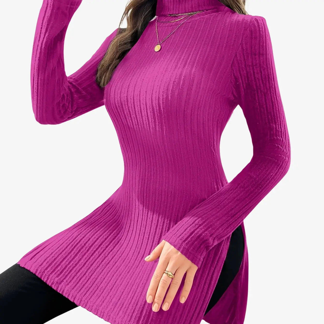 Elegant Women's Long-Sleeve T-Shirt - High Neck for Autumn/Winter   OAXG 