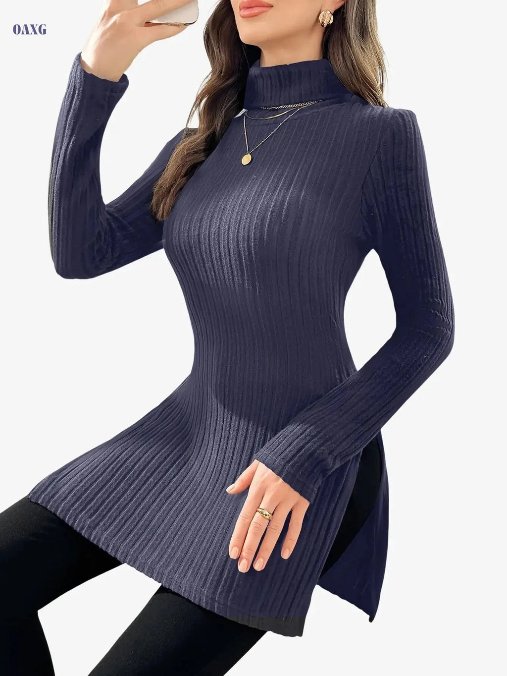 Elegant Women's Long-Sleeve T-Shirt - High Neck for Autumn/Winter   OAXG 