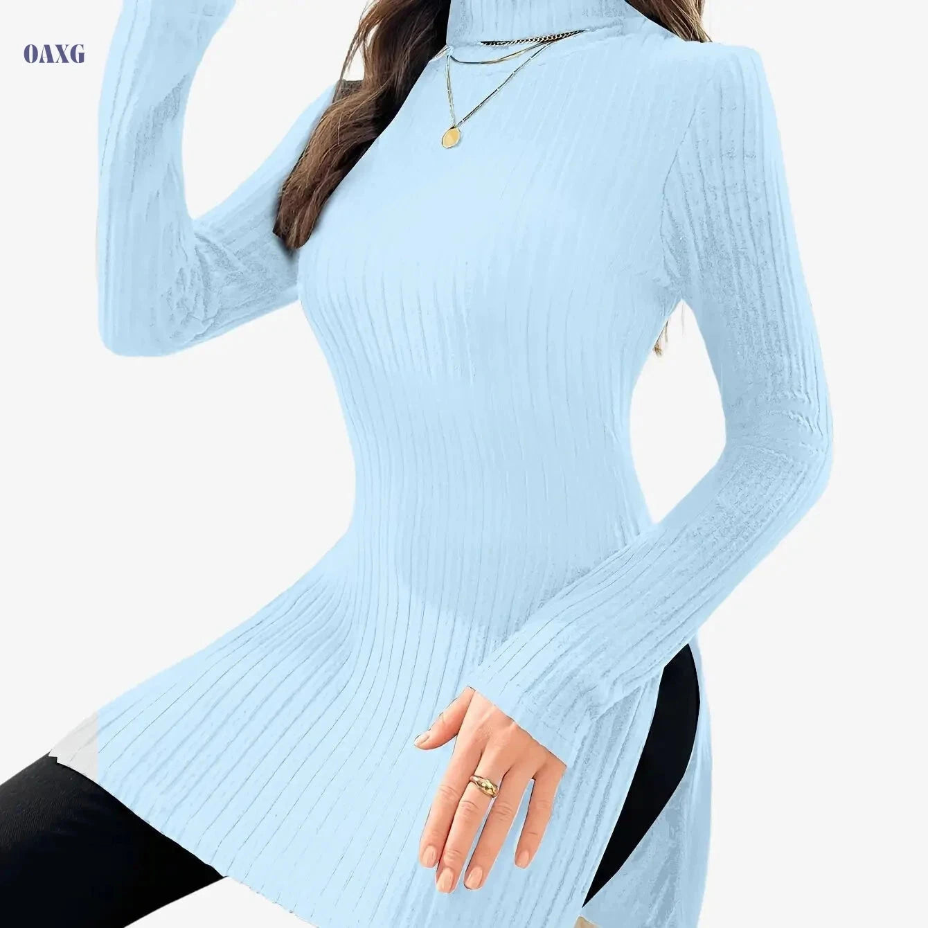 Elegant Women's Long-Sleeve T-Shirt - High Neck for Autumn/Winter   OAXG Coffee color / S