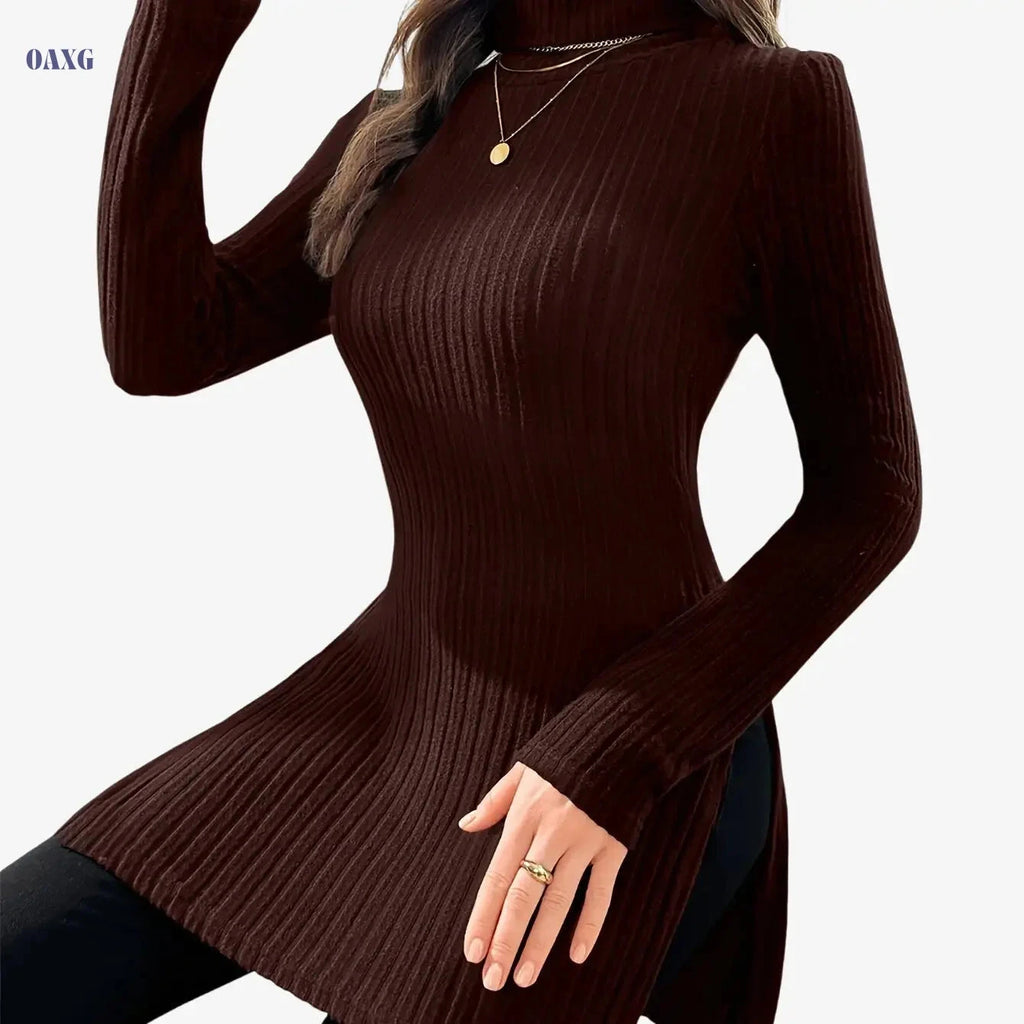 Elegant Women's Long-Sleeve T-Shirt - High Neck for Autumn/Winter   OAXG Coffee color / S