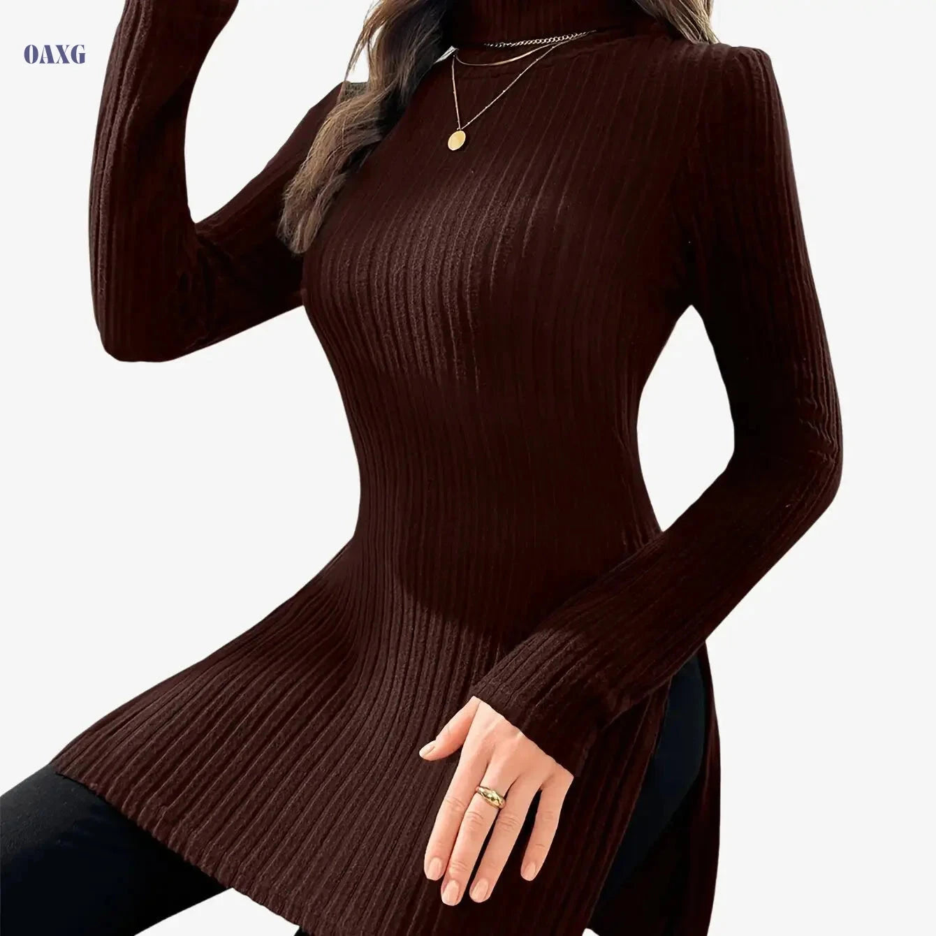 Elegant Women's Long-Sleeve T-Shirt - High Neck for Autumn/Winter   OAXG Coffee color / S