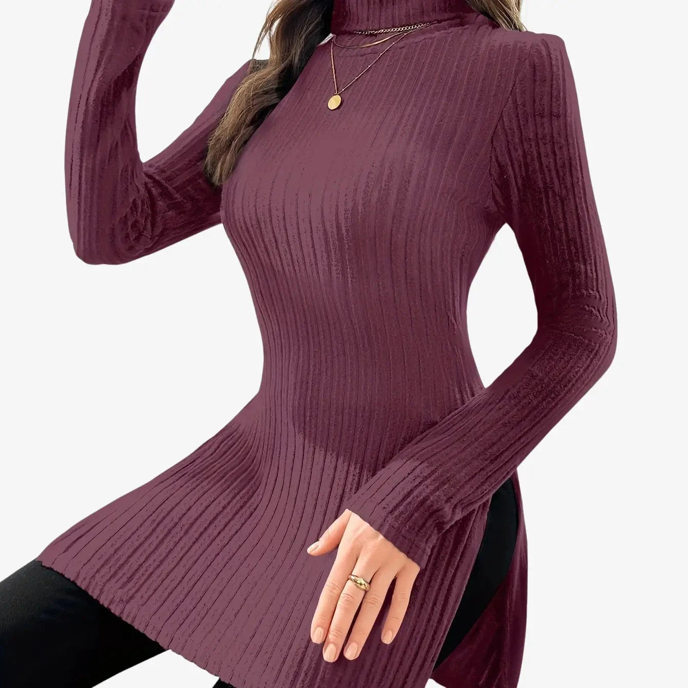 Elegant Women's Long-Sleeve T-Shirt - High Neck for Autumn/Winter   OAXG Coffee color / S