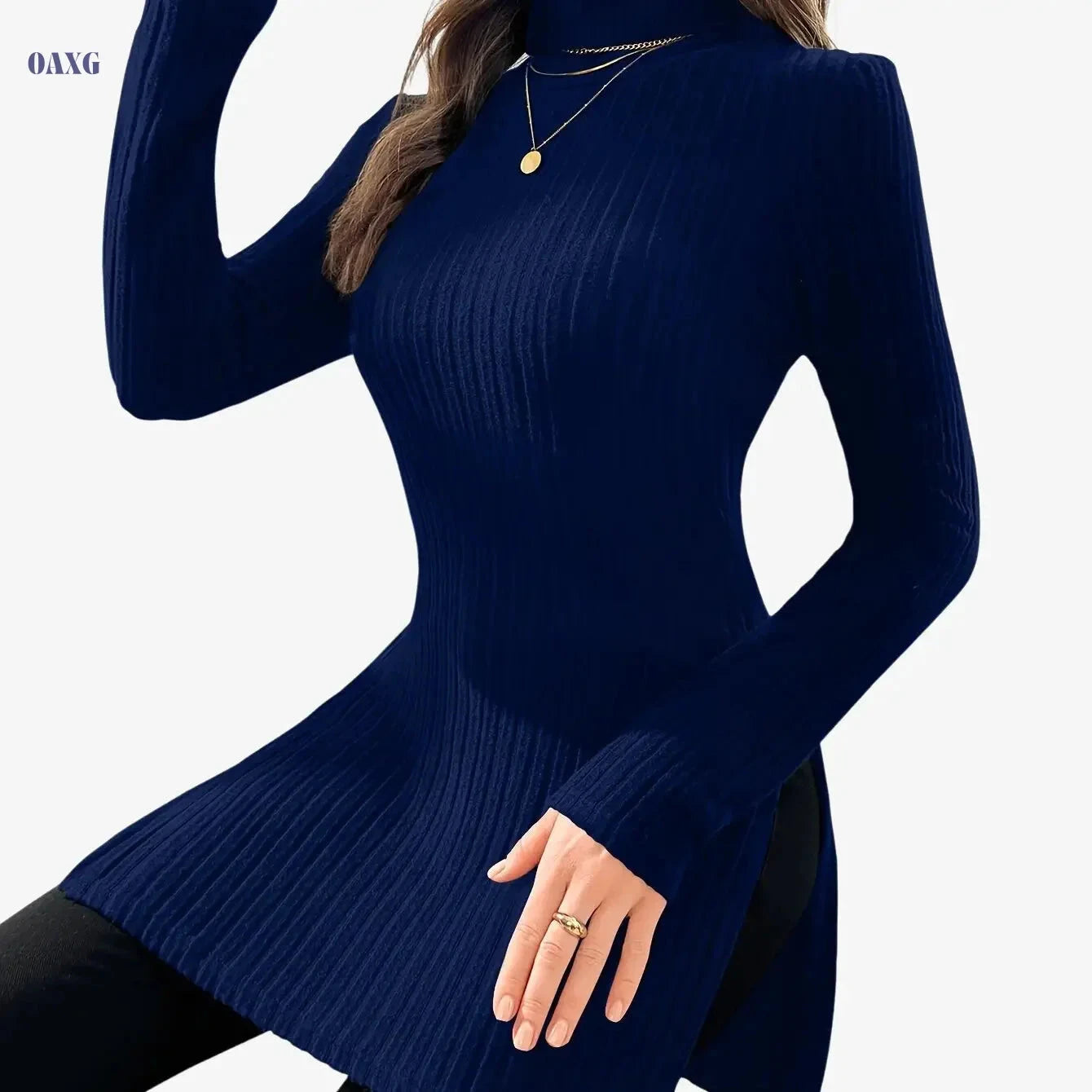 Elegant Women's Long-Sleeve T-Shirt - High Neck for Autumn/Winter   OAXG 
