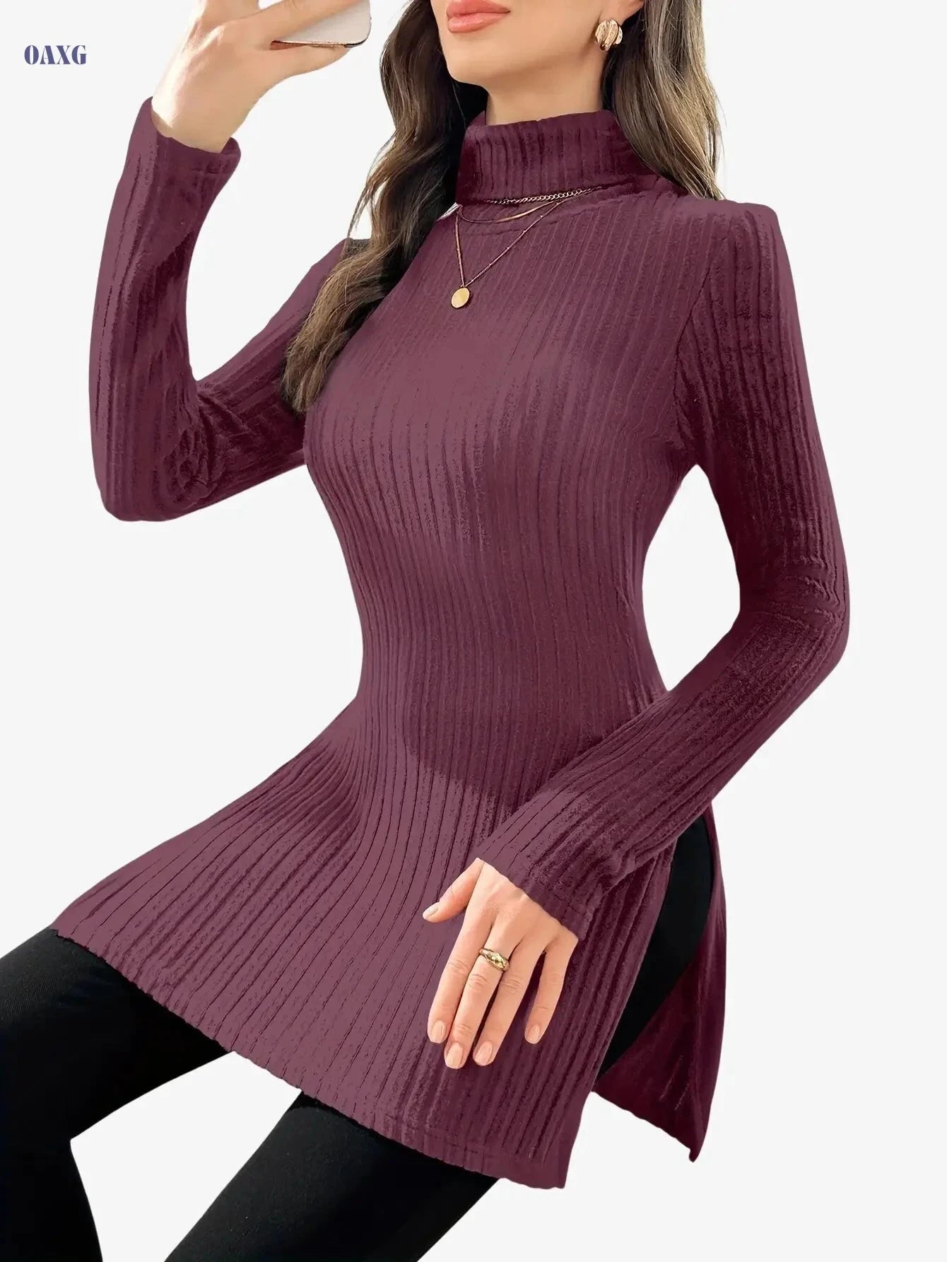 Elegant Women's Long-Sleeve T-Shirt - High Neck for Autumn/Winter   OAXG 