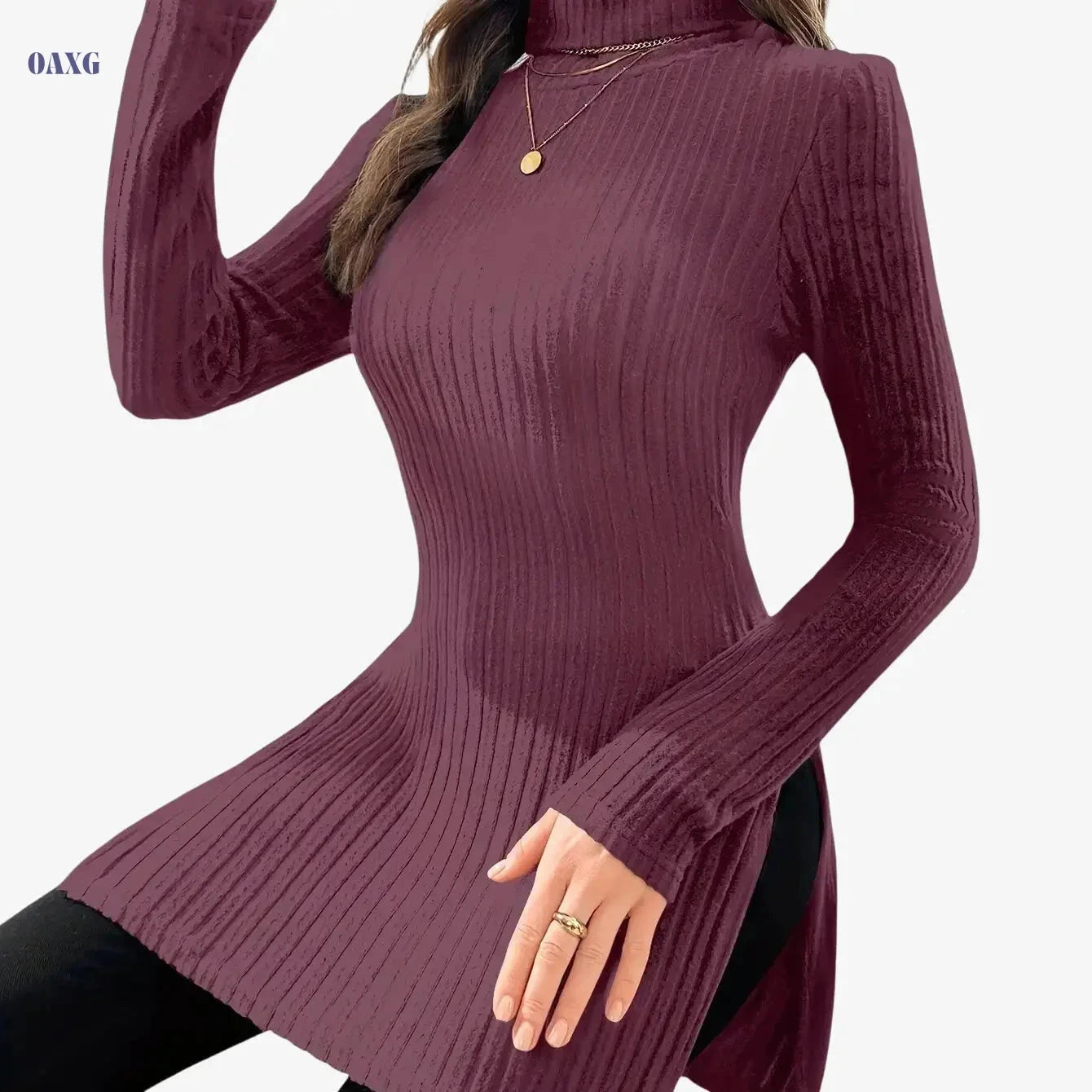 Elegant Women's Long-Sleeve T-Shirt - High Neck for Autumn/Winter   OAXG 