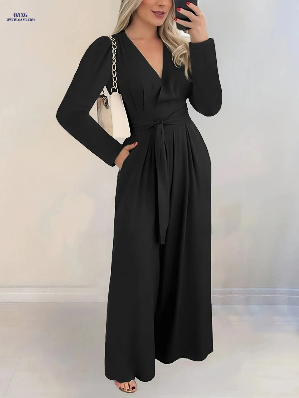 Elegant Women's Long-Sleeve V-Neck Jumpsuit - Belted & Wide Leg   OAXG 
