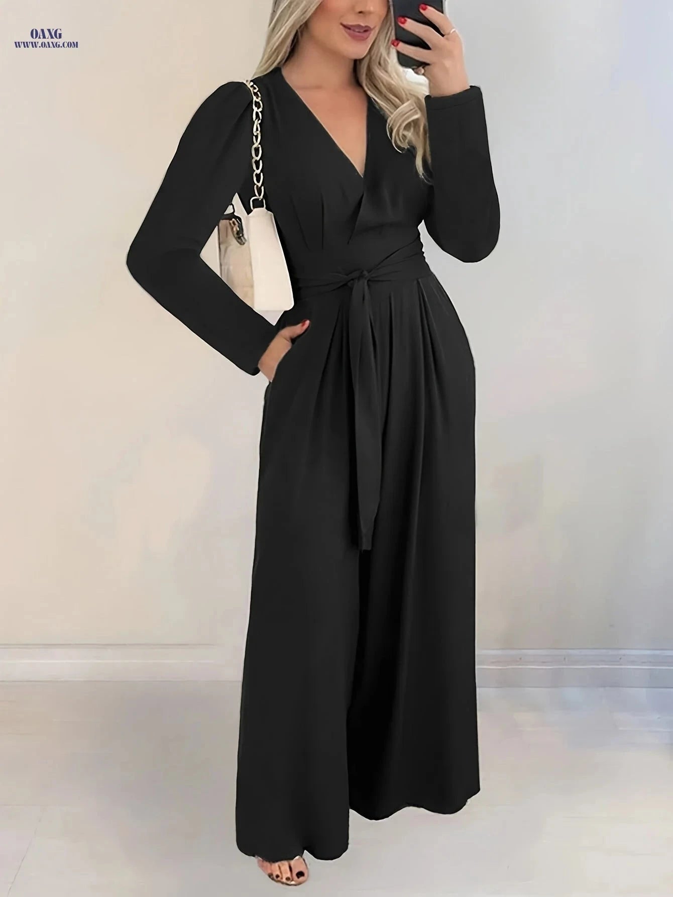 Elegant Women's Long-Sleeve V-Neck Jumpsuit - Belted & Wide Leg   OAXG 