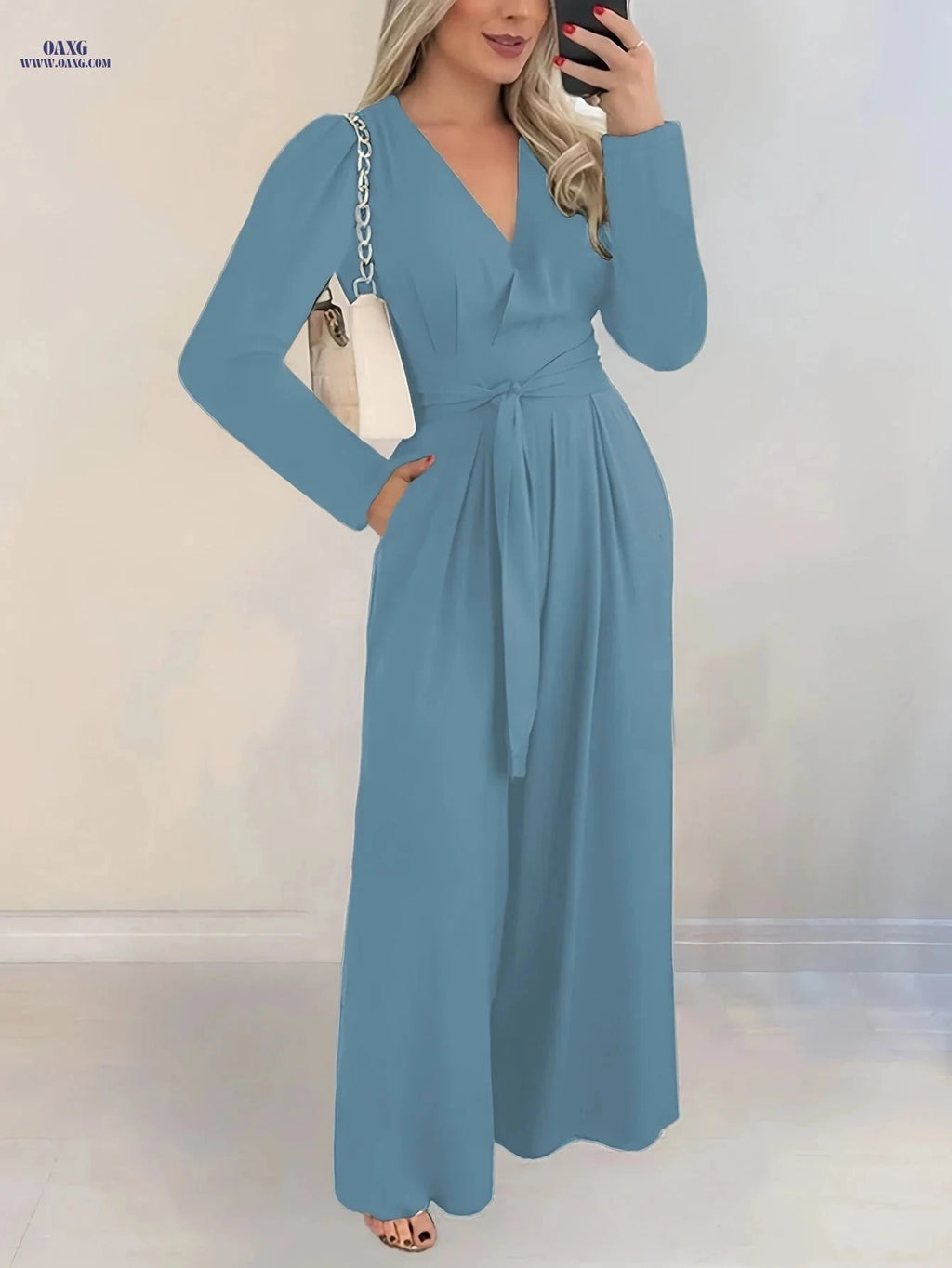 Elegant Women's Long-Sleeve V-Neck Jumpsuit - Belted & Wide Leg   OAXG Sky Blue / S
