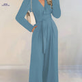 Elegant Women's Long-Sleeve V-Neck Jumpsuit - Belted & Wide Leg   OAXG Sky Blue / S