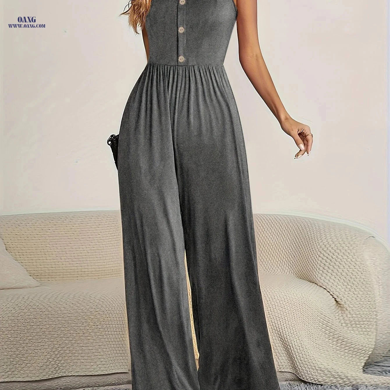 Elegant Women's Mini Jumpsuit - Spaghetti Strap & Wide-Leg Design   OAXG 