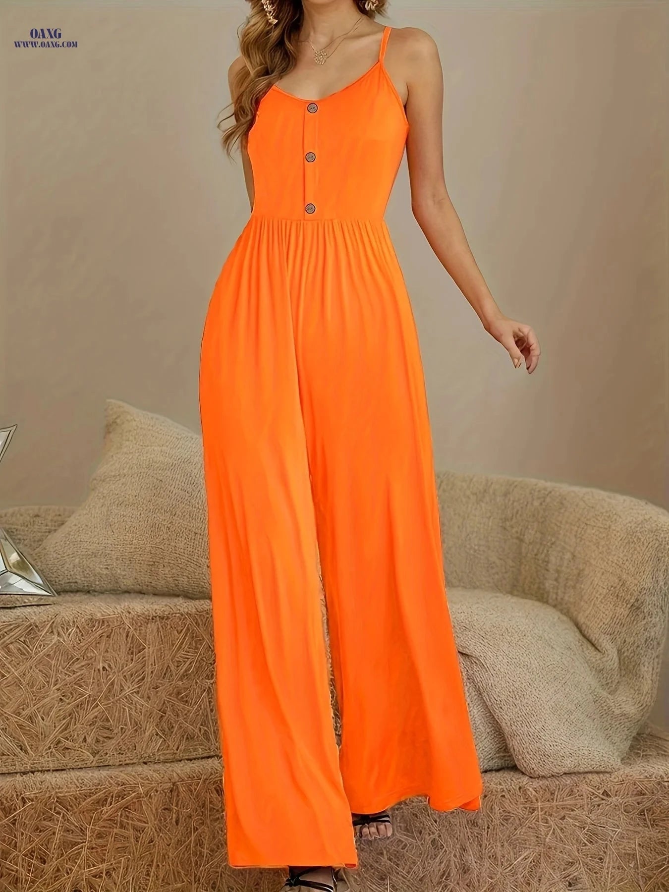 Elegant Women's Mini Jumpsuit - Spaghetti Strap & Wide-Leg Design   OAXG Orange / S