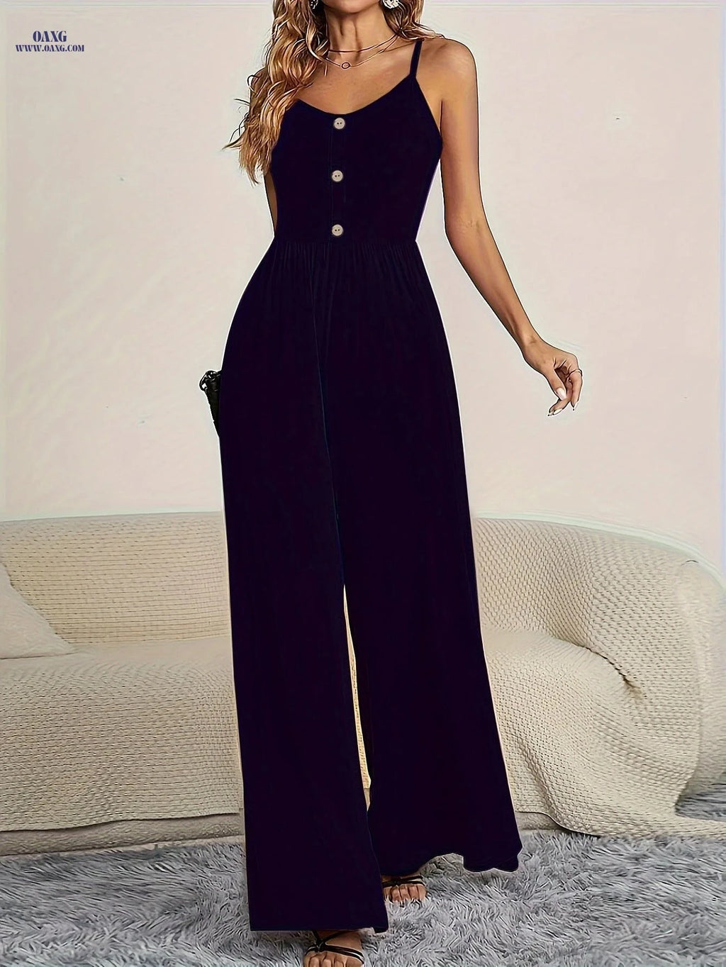 Elegant Women's Mini Jumpsuit - Spaghetti Strap & Wide-Leg Design   OAXG 