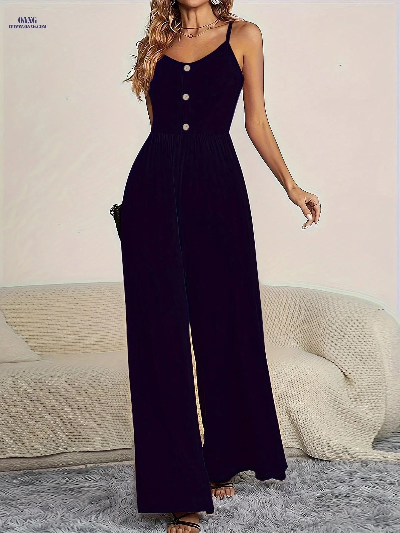 Elegant Women's Mini Jumpsuit - Spaghetti Strap & Wide-Leg Design   OAXG 