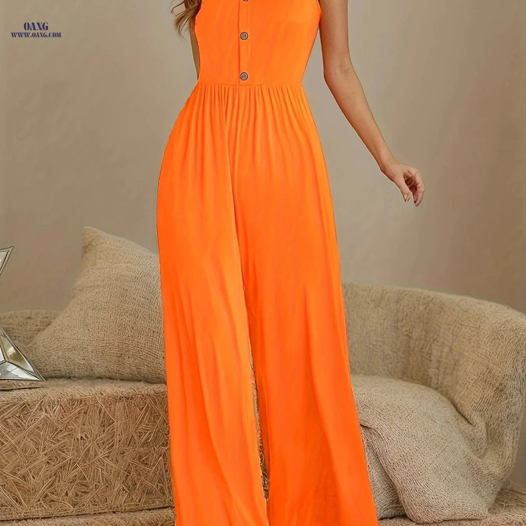 Elegant Women's Mini Jumpsuit - Spaghetti Strap & Wide-Leg Design   OAXG 