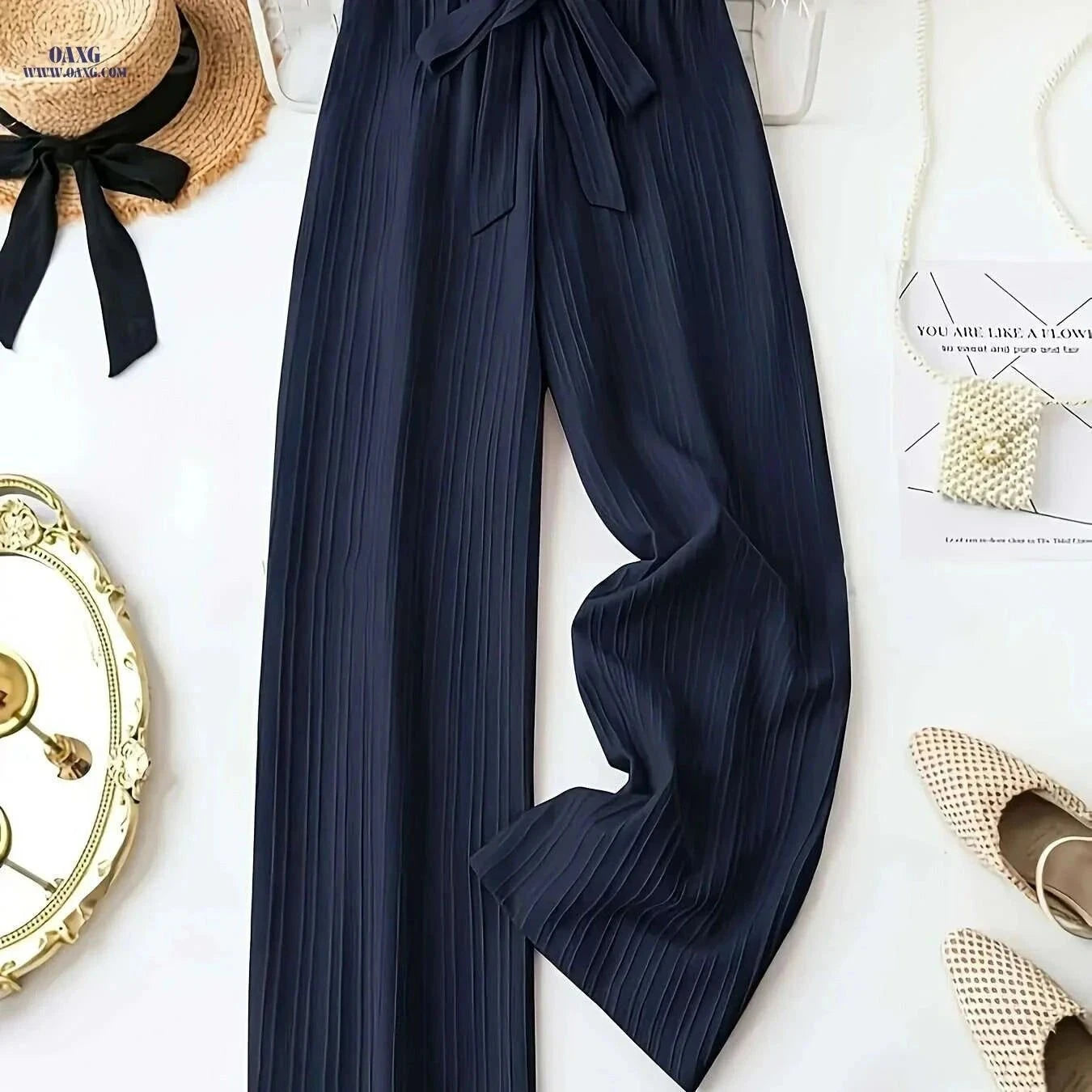 Elegant Women's Navy Wide-Leg Pants - Adjustable Waist Tie for Style   OAXG Navy Blue / S