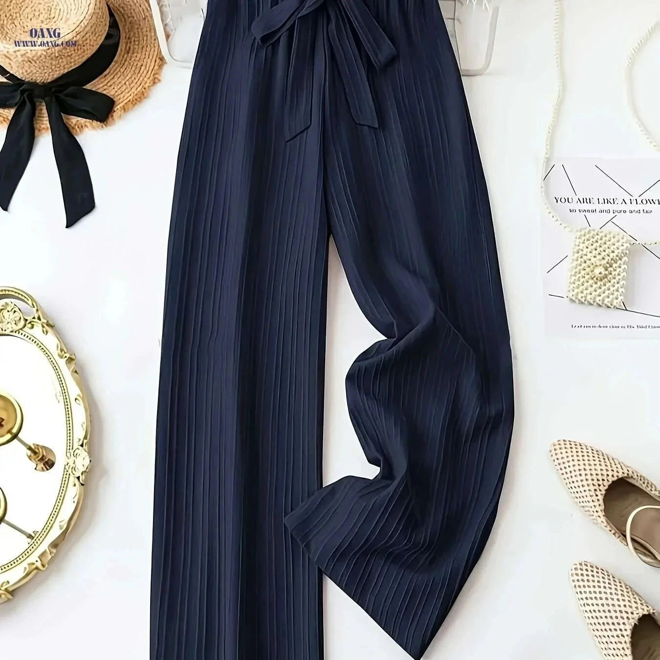 Elegant Women's Navy Wide-Leg Pants - Adjustable Waist Tie for Style   OAXG Navy Blue / S