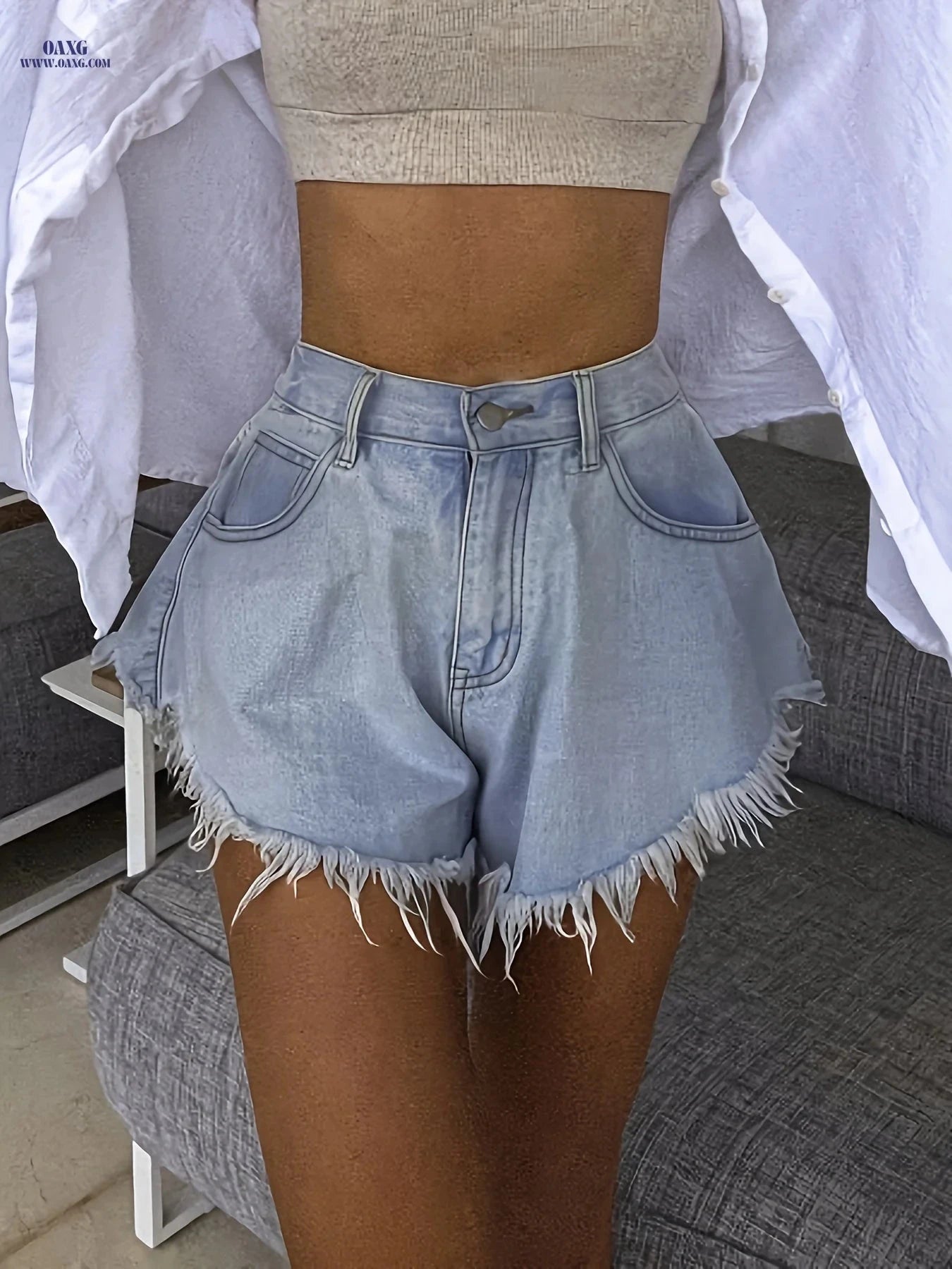 Elegant Women’s Non-Elastic Denim Shorts - Fringed Hem, Flared Style   OAXG 