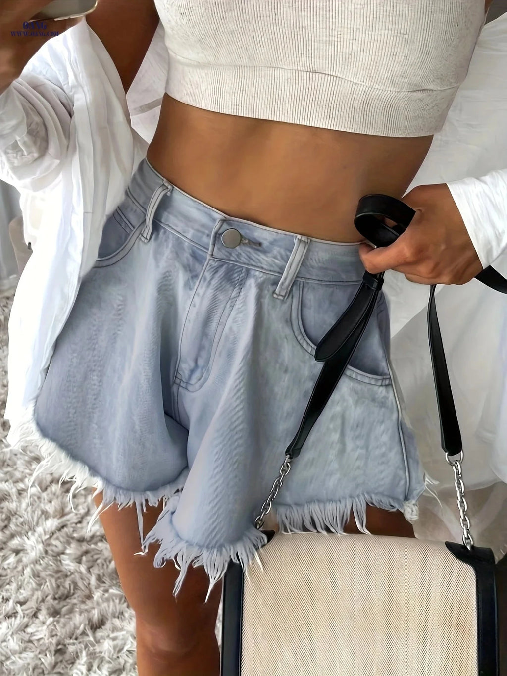 Elegant Women’s Non-Elastic Denim Shorts - Fringed Hem, Flared Style   OAXG 