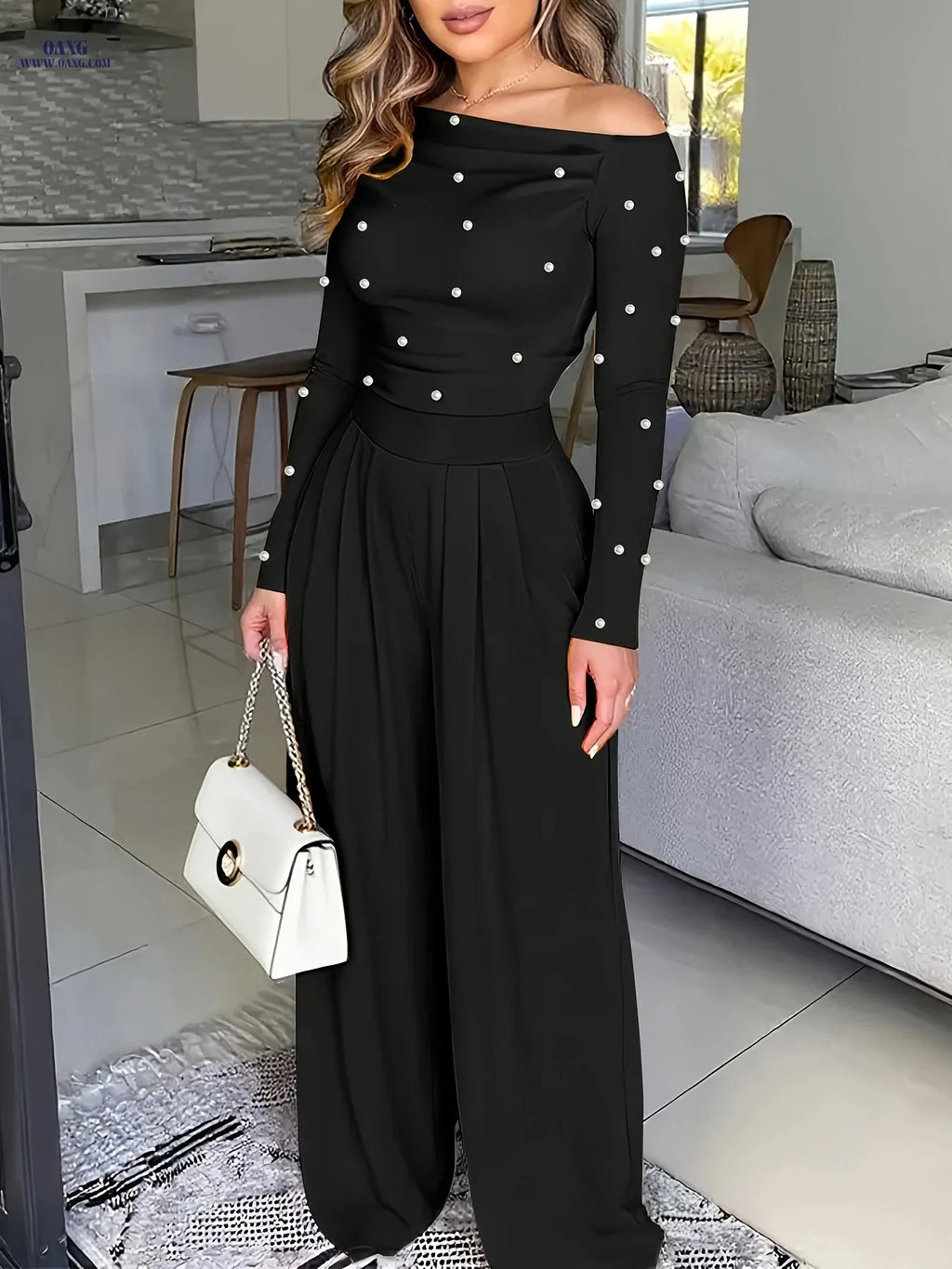 Elegant Women's Off-Shoulder Dress - Pearl Embellishments, Wide-Leg   OAXG 