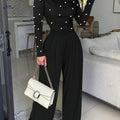 Elegant Women's Off-Shoulder Dress - Pearl Embellishments, Wide-Leg   OAXG Black / S