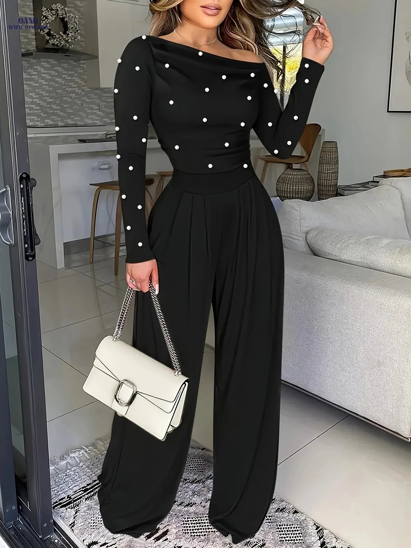 Elegant Women's Off-Shoulder Dress - Pearl Embellishments, Wide-Leg   OAXG Black / S