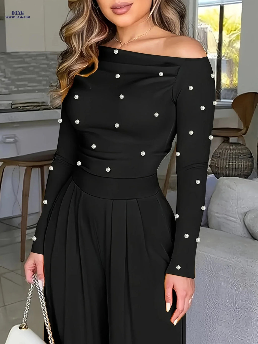 Elegant Women's Off-Shoulder Dress - Pearl Embellishments, Wide-Leg   OAXG Black / S
