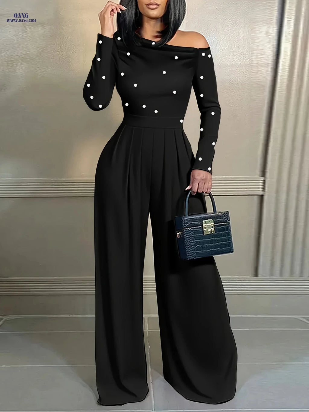 Elegant Women's Off-Shoulder Dress - Pearl Embellishments, Wide-Leg   OAXG 